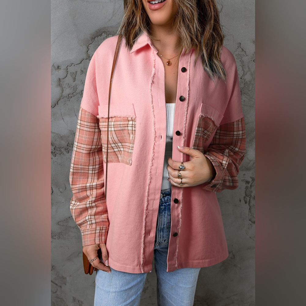 Double Take Plaid Raw Trim Shacket